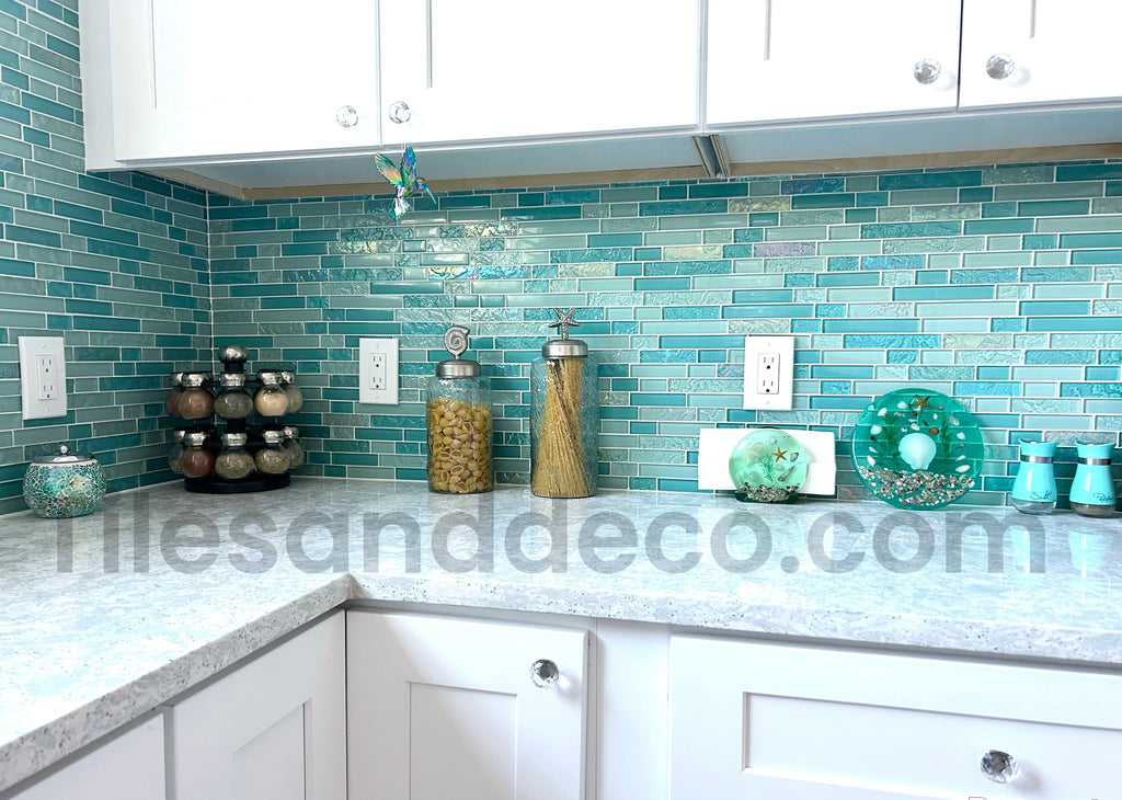 Bahamas Aqua Linear Glass Tile For Kitchen
