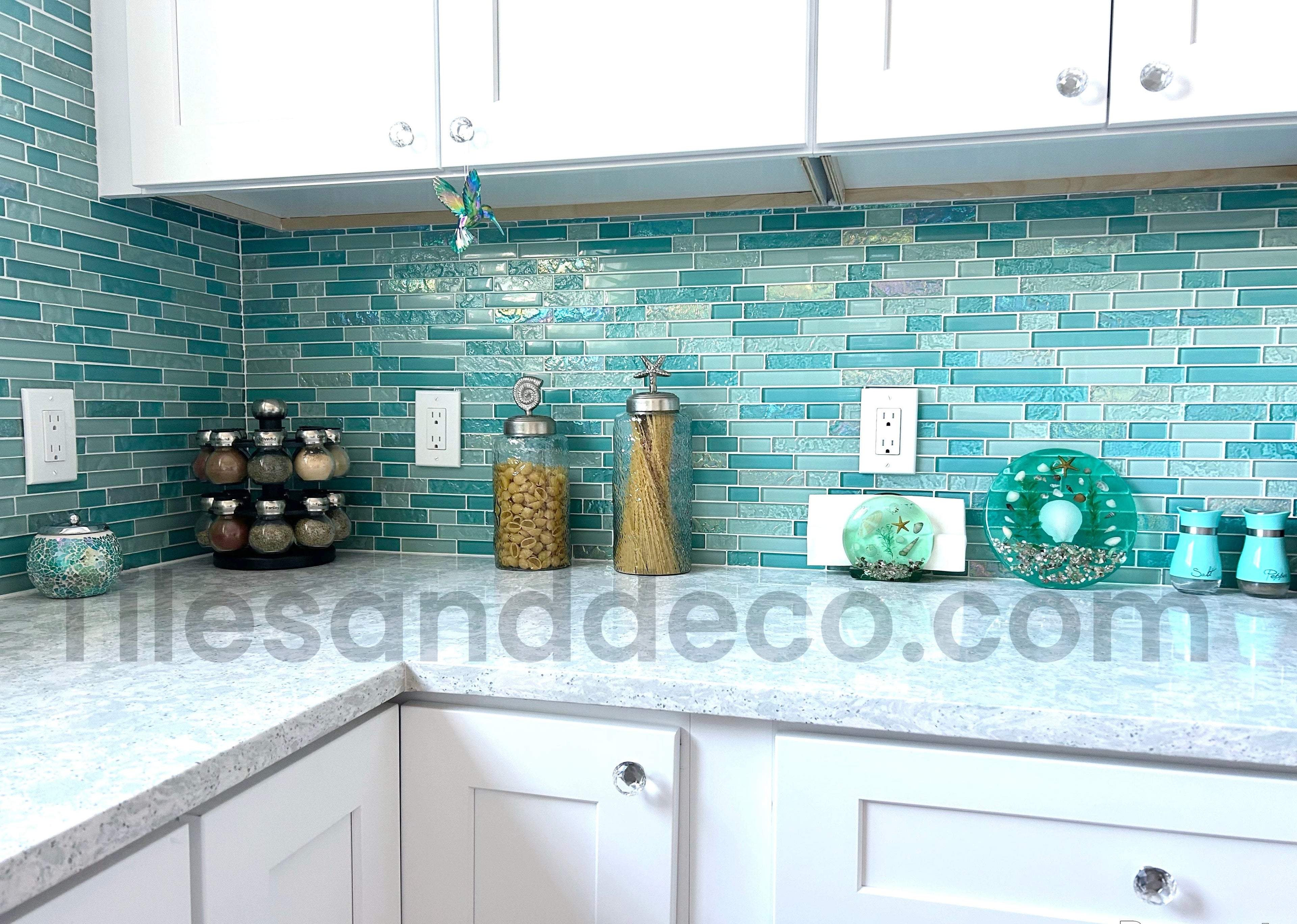 Bahamas Aqua Linear Glass Tile For Kitchen
